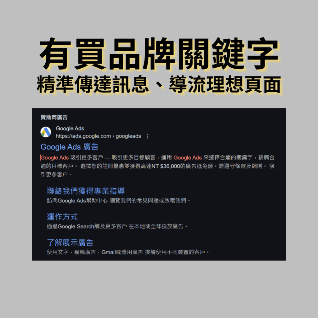 投放品牌關鍵字，可以讓你撰寫文案傳遞關鍵訊息，導流到理想位置